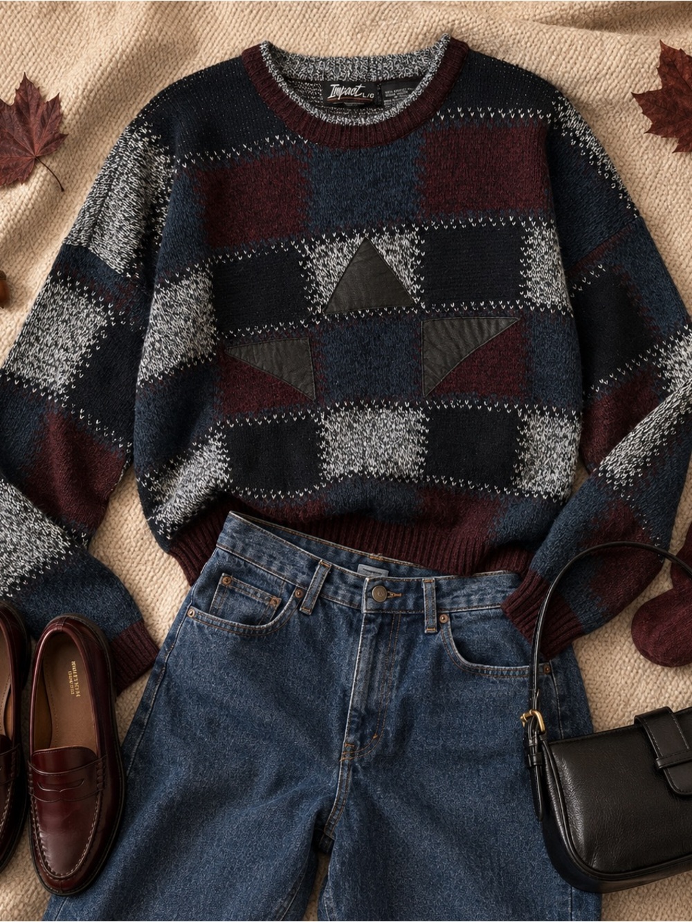 Vintage Impact Patchwork Sweater – Leather Geometric Detail